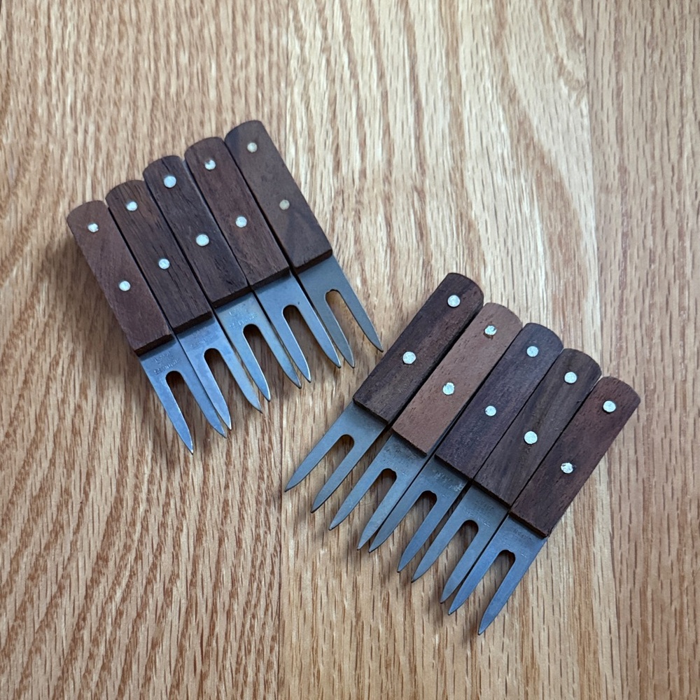 Vintage MCM Set of 10 Wood Handle Stainless Hors D’Oeuvre / Corn Holder Forks